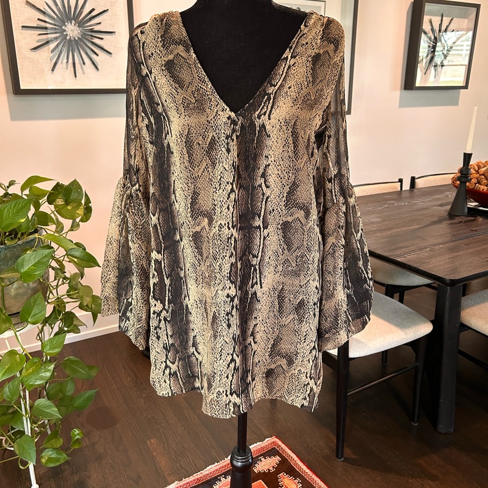 Show Me Your MuMu Beige and Black Snake Print Blouse Tunic Dress